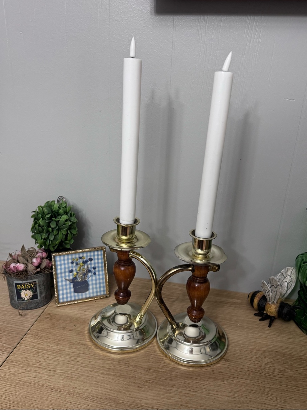 Vintage Homco Style Convertible Candle Holders – Pair Wood Taper Holders